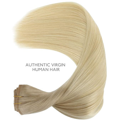 WENNALIFE Seamless Clip In Hair Extensions, 18 Inch 7pcs 130g Ombre Ash Blonde to Golden Blonde Balayage Platinum Blonde Hair Extensions Clip In Invisible PU Weft Real Human Hair Extensions Clip In