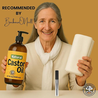 Organic Castor Oil (17 oz) Glass Bottle-100% Pure, Cold-Pressed, Hexane-Free, with 2 Resuable Organic Cotton Flannel Pack Wraps and Mascara Container for Skin, Hair, Eyelash's & Eyebrow's