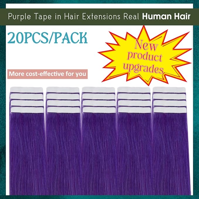 RUNATURE Tape in Hair Extensions Human Hair Straight Color Purple Hair Extensions Tape in Extensions for Long Hair, Remy Natural Hair for Highlights, Soft Silky Tape Ins 20 Inch 50g 20pcs