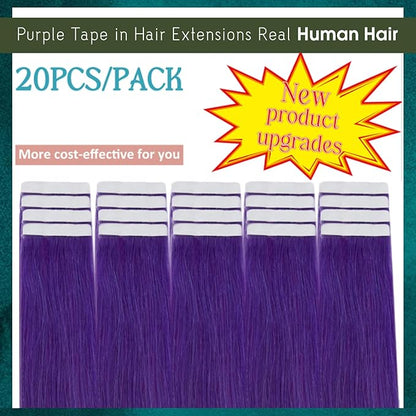 RUNATURE Tape in Hair Extensions Human Hair Straight Color Purple Hair Extensions Tape in Extensions for Long Hair, Remy Natural Hair for Highlights, Soft Silky Tape Ins 20 Inch 50g 20pcs