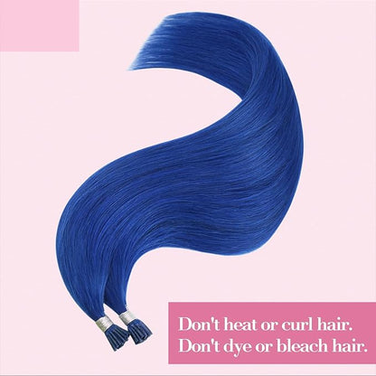 YoungSee Blue I Tips Hair Extensions 25g Blue I Tip Extensions 16 Inch Colorful Hair Extension I Tip 40s Blue Human Hair Extensions I Tip for Women Tip Human Hair Extensions for Prom