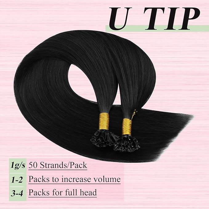 YoungSee Black U tip Hair Extensions Black U Tips Human Hair Extensions Jet Black 16In 50s/50g