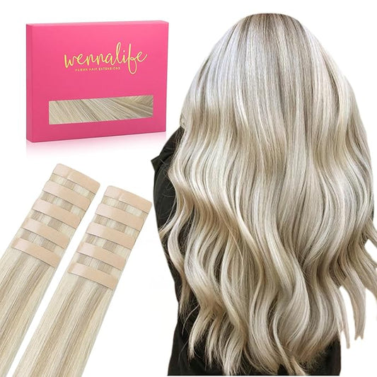 WENNALIFE Tape in Hair Extensions Human Hair Ash Blonde Highlighted Platinum Blonde Tape in Extensions, 10pcs 30g 22 inch Remy Invisible Tape Ins Straight Soft Real Human Hair Tape in Extensions