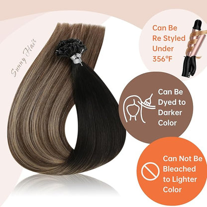 Sunny Hair Long Utip Hair Extensions Human Hair 24inch Hot Fusion Hair Extensions Black Ombre Dark Brown With Ash Blonde Balayage K Tips Real Human Hair Extensions Instant Hairstyle Change 50g