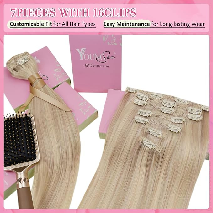 YoungSee 150G Clip in Hair Extensions Blonde Highlight Clip in Extensions Warm Ash Blonde Highlights Bleach Blonde Clip on Hair Extensions Human Hair Add Length and Volume 24Inch