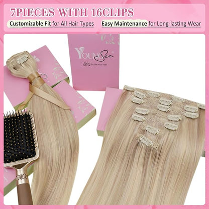 YoungSee 150G Clip in Hair Extensions Blonde Highlight Clip in Extensions Warm Ash Blonde Highlights Bleach Blonde Clip on Hair Extensions Human Hair Add Length and Volume 24Inch