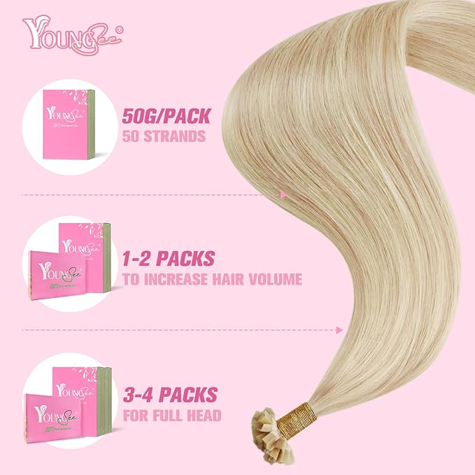 YoungSee Keratin Hair Extensions Human Hair Blonde 16 Inch K Tip Hair Extensions Blonde Highlight Hot Fusion Keratin Tip Hair Extensions Remy K Tip Hair Extensions Real Human Hair 50g #18/613