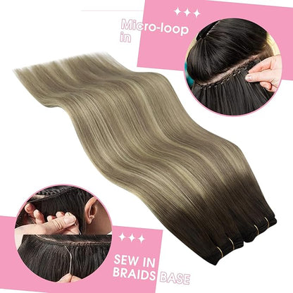 YoungSee Weft Human Hair Extensions Ombre Sew in Extensions Dark Brown Light Brown with Blonde Double Weft Real Hair Extensions 22Inch 100G
