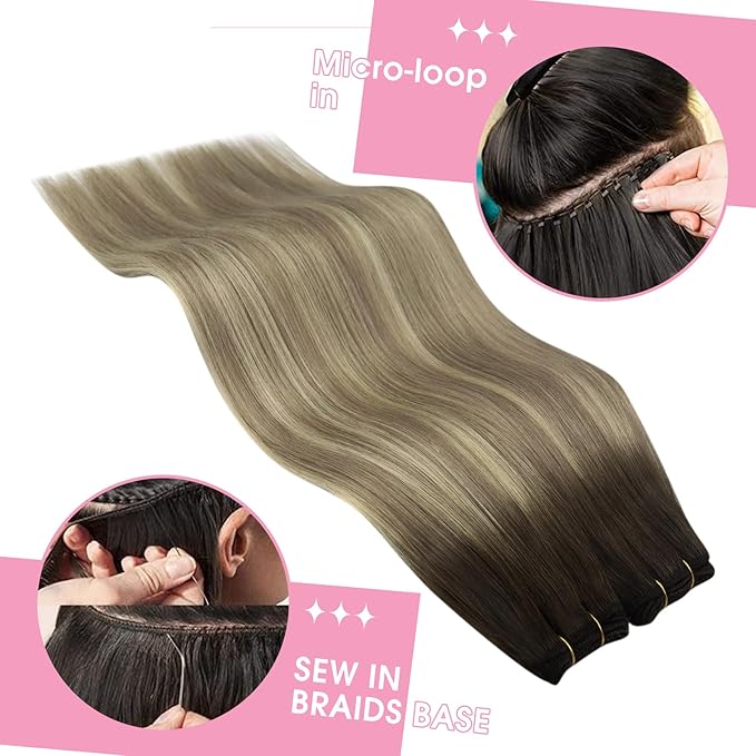 YoungSee Weft Hair Extensions Human Hair Brown Ombre Sew in Extensions Human Hair Dark Brown Ombre Light Brown with Blonde Weft Hair Extensions Real Human Hair 16Inch 100G