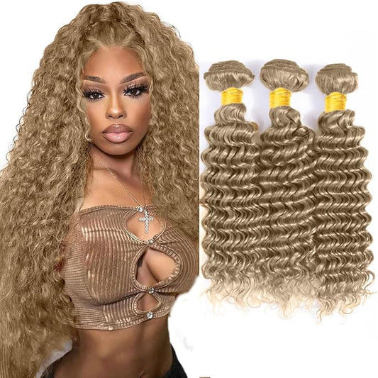 #22 Blonde Bundles Human Hair Deep Wave Bundles 28 30 32 Inch Human Hair Weave 3 Bundle Unprocessed Brazilian Virgin Hair Ash Blonde Deep Wave Human Hair Extensions 50 Grams/Bundle