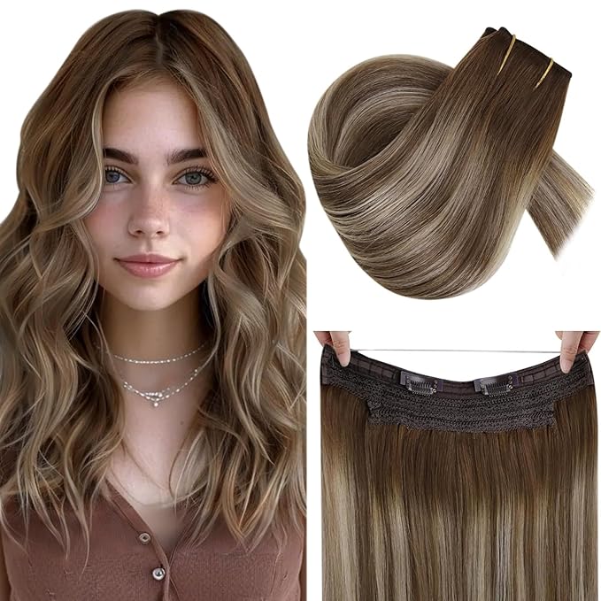 RUNATURE Wire Human Hair Extensions Balayage Invisible Fish Line Hair Extensions Real Human Hair Brown Roots Soft Hair, Easy to Apply 20 Inch 100g #3/8/22 Walnut Brown to Light Brown with Blonde
