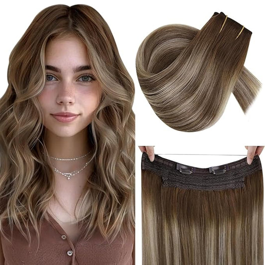 RUNATURE Wire Human Hair Extensions Balayage Invisible Fish Line Hair Extensions Real Human Hair Brown Roots Soft Hair, Easy to Apply 20 Inch 100g #3/8/22 Walnut Brown to Light Brown with Blonde
