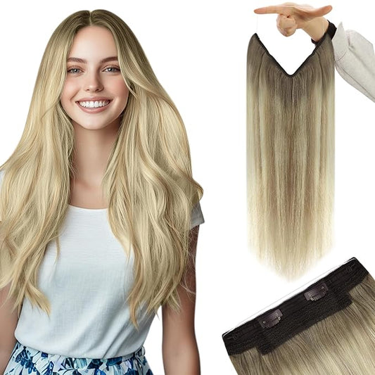 YoungSee Wire Hair Extensions Human Hair Ombre Blonde Wire Hair Extensions for Women Real Human Hair Balayage Ash Blonde Ombre Platinum Blonde Human Hair for Damaged Hair Repair 80G 14Inch