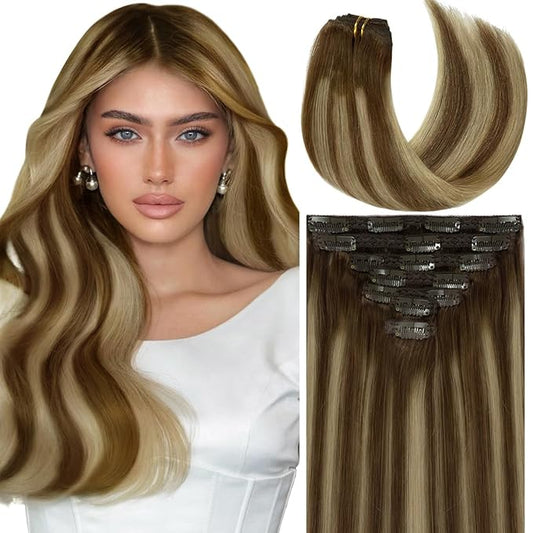 Caliee 20Inch Clip in Human Hair Extensions Silky Straight 140G 7PCS Hair Clip in Extensions R4A-4A/26 Chocolate Brown To Honey Blonde Remy Human Hair Extensions Clip ins for Women