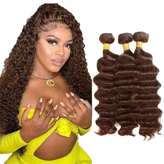 #4 Brown Bundles Human Hair Deep Wave Bundles 34 34 34 Inch Human Hair Weave 3 Bundle Unprocessed Brazilian Virgin Hair Chocolate Brown Deep Curly Human Hair Extensions 50 Grams/Bundle