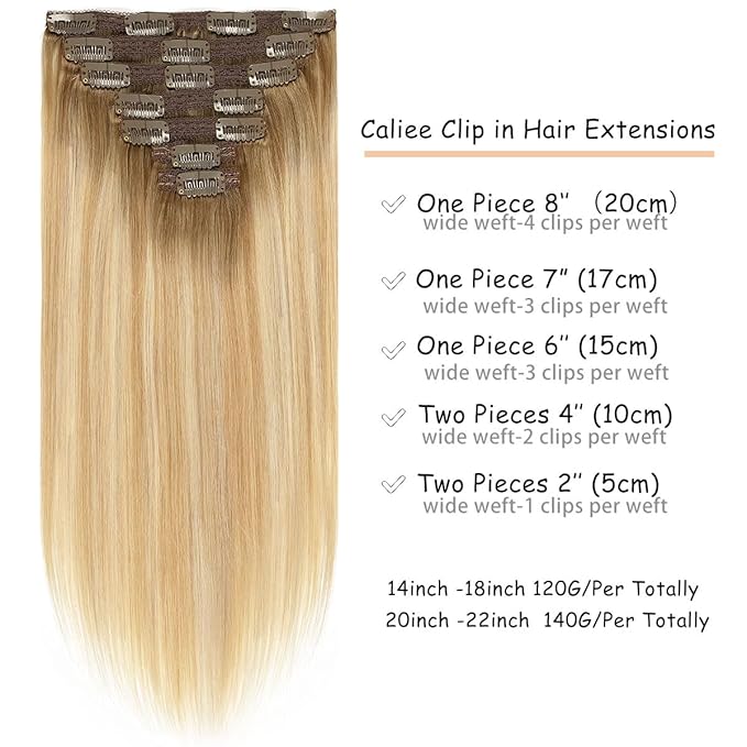 Caliee 20 Inch Clip in Hair Extenisons Human Hair Double Weft Invisible Balayage Hair Extensions Human Hair Light Golden Brown and Platinum with Ash Brown Roots Silky Straight Full Head 140 G