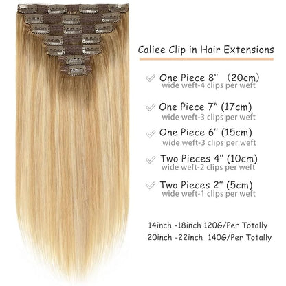 Caliee 20 Inch Clip in Hair Extenisons Human Hair Double Weft Invisible Balayage Hair Extensions Human Hair Light Golden Brown and Platinum with Ash Brown Roots Silky Straight Full Head 140 G