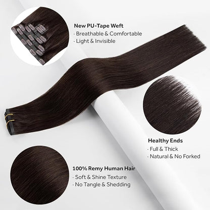 Clip in Hair Extensions Real Human Hair Dark Brown Seamless Clip In 100% Remy Hair Extensions PU Skin Weft Add Volume Thick&Invisible #2 16Inch 120G 8PCS