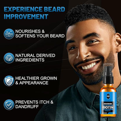 Beard Oil,Maximun Thickening Biotin, with Castor Oil and Argan & Jojoba Oils, Promotes Beard Growth, Styles, Strengthens & Softens Beards & Mustaches,1 Ounce*2（2 Pack）