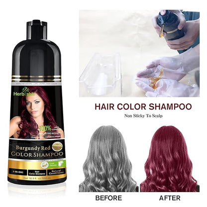 Herbishh Burgundy Hair Dye Shampoo 3 In 1- Color Shampoo For Gray Hair Coverage 500 ML, Argan Oil & Pro Keratin Deep Conditioning Hair Mask 150gm and Ginger Essential Oil Serum For Hair Growth 30ml