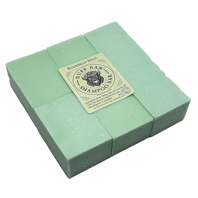 Pure Bison Tallow Buff Shampoo Bar, Mountain Rain, (6 pack) - Scents of Sea Salt, Moss, & Freesia - Cleans, Moisturizes, Naturally Derived, No Dyes, No Chemicals, No Preservatives