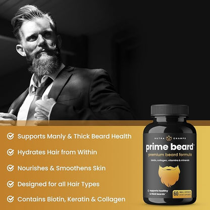 NutraChamps Prime Beard Vitamins | Manly, Thick, Fast & Healthy Facial Hair for Men | Beard Vitamins with Biotin, Collagen & Saw Palmetto | Beard Pills for All Hair & Beard Types