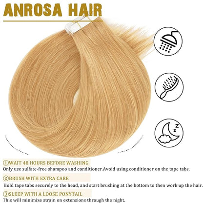 Anrosa Real Human Hair Silky Double Sided Tape in Hair Extensions 50g 20pcs 22 Inch Skin Weft Seamless Remy Tape in Hair Extensions Honey Blonde Color