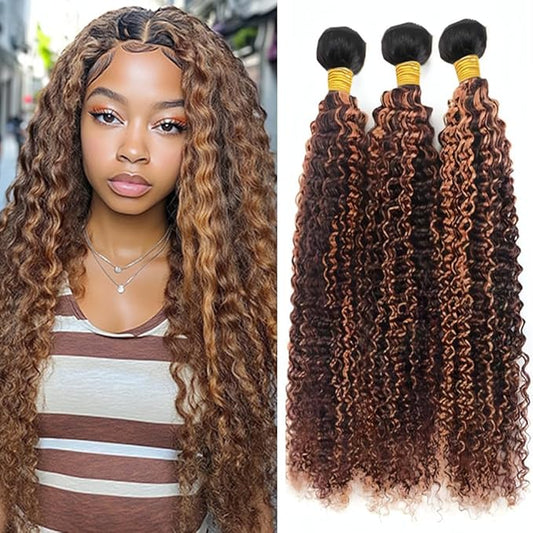 Ombre Curly Bundles Human Hair P430 Kinky Curly Bundles Brown and Light Brown two tone Brazilian Human Hair Soft and Silky for Black Women 10 12 14 Inch