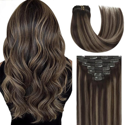 Lacer New Version Thick Hair Extensions Clip in Human Hair Silky Straight Dark Brown to Medium Brown Highlight Dark Brown R#2-2/6 140g 7pcs with 16 Clips per Set 22 Inch