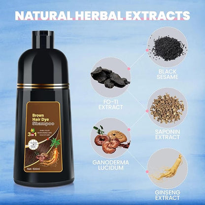 Hair Color Shampoo, Brown Hair Dye Shampoo 3 in 1 for Women&Men Herbal Ingredients Hair Dye in Minutes/Semi-Permanent/(16.9 FL OZ)