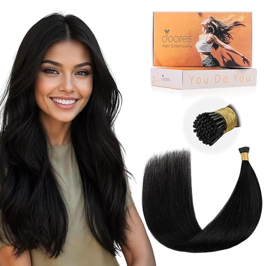DOORES I Tip Hair Extensions Remy, Jet Black 50g/50s 24 Inch, Itip Human Natural Extensions for Women Cold Fusion Hair Silky Straight