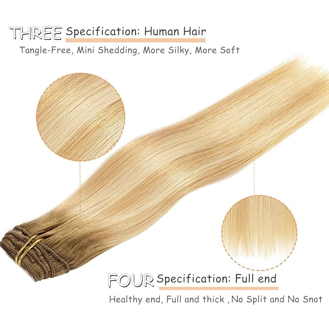 Caliee 20 Inch Clip in Hair Extenisons Human Hair Double Weft Invisible Balayage Hair Extensions Human Hair Light Golden Brown and Platinum with Ash Brown Roots Silky Straight Full Head 140 G