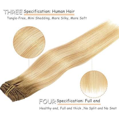 Caliee 20 Inch Clip in Hair Extenisons Human Hair Double Weft Invisible Balayage Hair Extensions Human Hair Light Golden Brown and Platinum with Ash Brown Roots Silky Straight Full Head 140 G