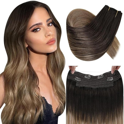 RUNATURE Invisible Wire Hair Extensions Real Human Hair, 20 Inch 100g Transparent Fish Line Human Hair Extensions Brown Ombre Natural Hair, #2/6/18 Dark Brown to Chestnut Brown and Ash Brown