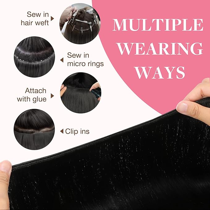 GOO GOO Sew in Hair Extensions Real Human Hair, Weft Hair Extensions Human Hair, 1 Jet black 20inch 105g, Weft Bundles Straight Silky Remy Hair