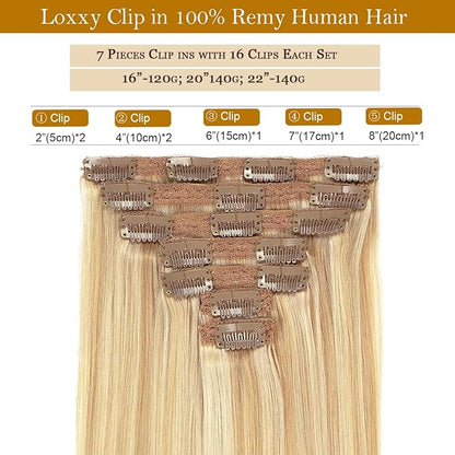 Loxxy Clip in Extensions Human Hair Light Golden Brown Mixed Platinum Blonde Extension Clip in 100% Remy Real Human Hair Double Weft P#12/60 14 Inch 120g 7 pcs