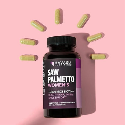 Saw Palmetto for Women with Biotin 5000mcg - Powerful DHT Blocker to Support Hair, Skin, and Nail Health - 120 Count - Vegan, Non-GMO Vitamin for Stronger, Fuller Looking Locks - 2 Month Supply