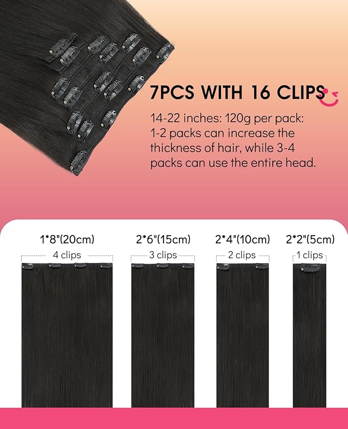 Youngsmile Human Hair Clip in Hair Extension, 7 Pcs 16 Inch 120 Gram Thick End Hair Extensions, #1B Natural Black Silky Straight Remy Clip in Hair Extensions Double Weft (CLIP#1B-16Inch)