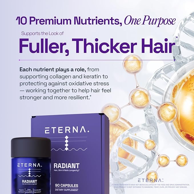 ETERNA RADIANT Healthy Hair Growth Supplement - Biotin Collagen Keratin Hyaluronic Acid & Antioxidants - Supports Thicker Fuller Stronger Hair for Women & Men - Advanced 10-in-1 Formula-1 Month Supply