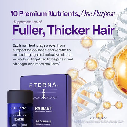 ETERNA RADIANT Healthy Hair Growth Supplement - Biotin Collagen Keratin Hyaluronic Acid & Antioxidants - Supports Thicker Fuller Stronger Hair for Women & Men - Advanced 10-in-1 Formula-1 Month Supply
