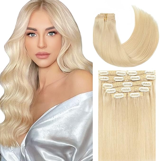 Lacer Hair Extensions 20 Inch Clip in Human Hair LacerHair Thick Lace Clip in Hair Extensions 7pcs Remy Human Hair Platinum Blond Silky Invisible PU Weft 140g