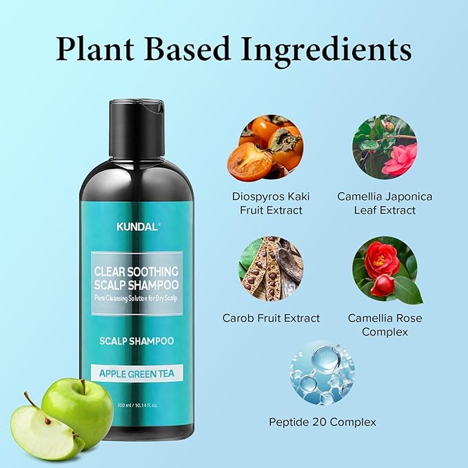 KUNDAL Clear Soothing Scalp Shampoo [Apple Green Tea] Shampoo - Korean Hair Care, Deep Cleansing, Sensitivity Care, For Dry Scalp 10.14fl oz (Pack of 1)