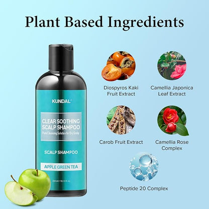 KUNDAL Clear Soothing Scalp Shampoo [Apple Green Tea] Shampoo - Korean Hair Care, Deep Cleansing, Sensitivity Care, For Dry Scalp 10.14fl oz (Pack of 1)