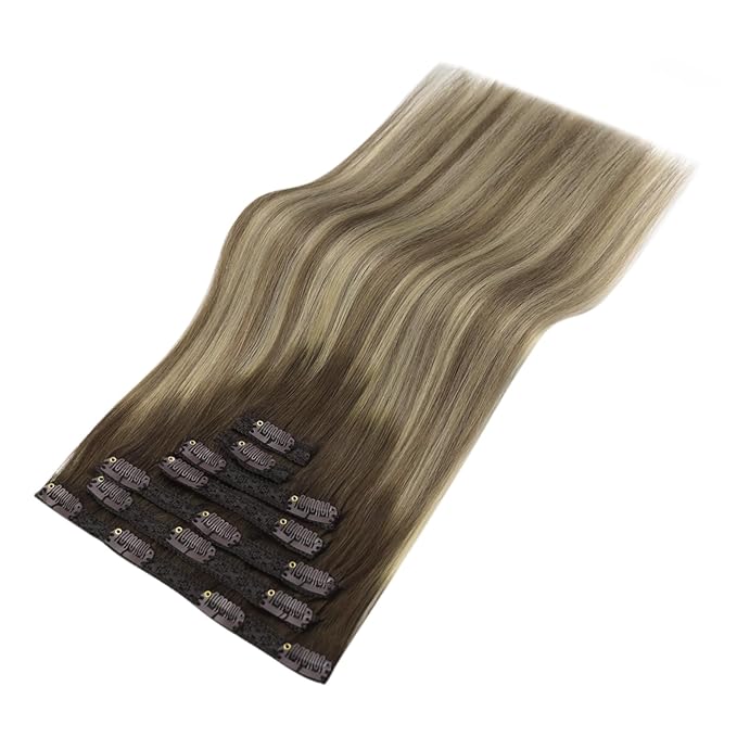 YoungSee 150G Clip in Real Hair Extensions Brown Clip on Hair Extensions Dark Brown Ombre Light Brown with Blonde Soft and Silky for Casual Outings 22inch 7pcs