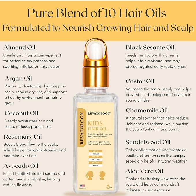 REVATOLOGY Kids & Baby Hair Growth Oil (Made in USA) Extra Strength pre-rinse Pediatric Formula with 26 Cold-Pressed Botanicals & Extracts | Cruelty & Chemical Free