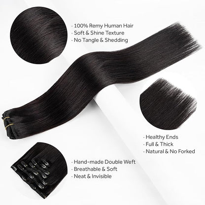 Clip in Hair Extensions Real Human Hair, Remy Hair Clip in Extensions Human Hair, Natural Black 100% Human Hair Extensions for Women #1B 22Inch 120G 7PCS