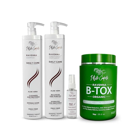 Ravenna Hair Straightening Kit – Organic Hair B-tox, Aloe Vera Shampoo & Conditioner, Repair Oil – Anti-Frizz, Intense Hydration, Shine – Formaldehyde-Free –For All Hair Types (4-Pack)