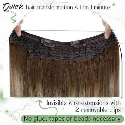 RUNATURE Invisible Wire Hair Extensions, 18 Inch Real Human Hair Wire Extensions, Fish Line Hair Extensions for Women, Remy Natural Hair, Add Hair Volume, 80g #3/8/22 Brown to Blonde