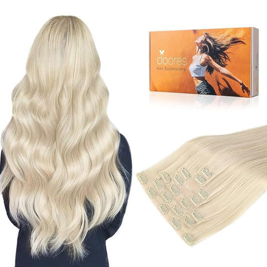 DOORES Human Hair Clip in Extensions, Platinum Blonde 14 Inch 9pcs 130g, Virgin Invisible Edge Weft Silky Straight Hair Extensions for Women