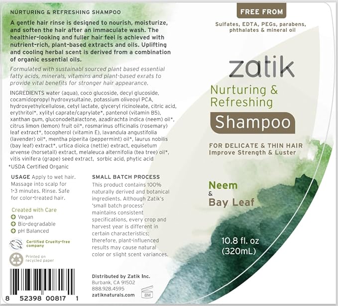 Zatik Naturals - Nurturing and Refreshing Shampoo + Conditioner Set, with Neem & Bay Leaf for Dry, Fine, Delicate Hair - Biodegradable, pH Balanced, Sulfates & Phthalates Free, 2x10.8oz (One of Each)